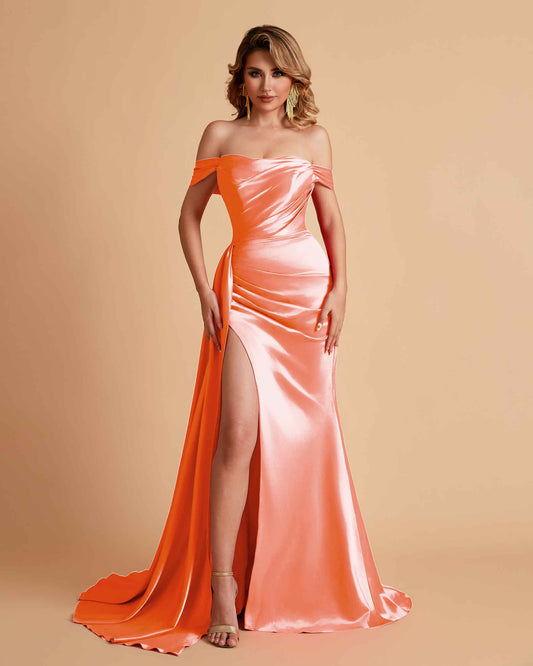 Satin Mermaid Off Shoulder Bridesmaid Dresses Sweetheart Floor Length with Train