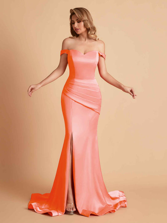 Elegant Satin Off the Shoulder Mermaid Side Slit Floor Length Bridesmaid Dresses