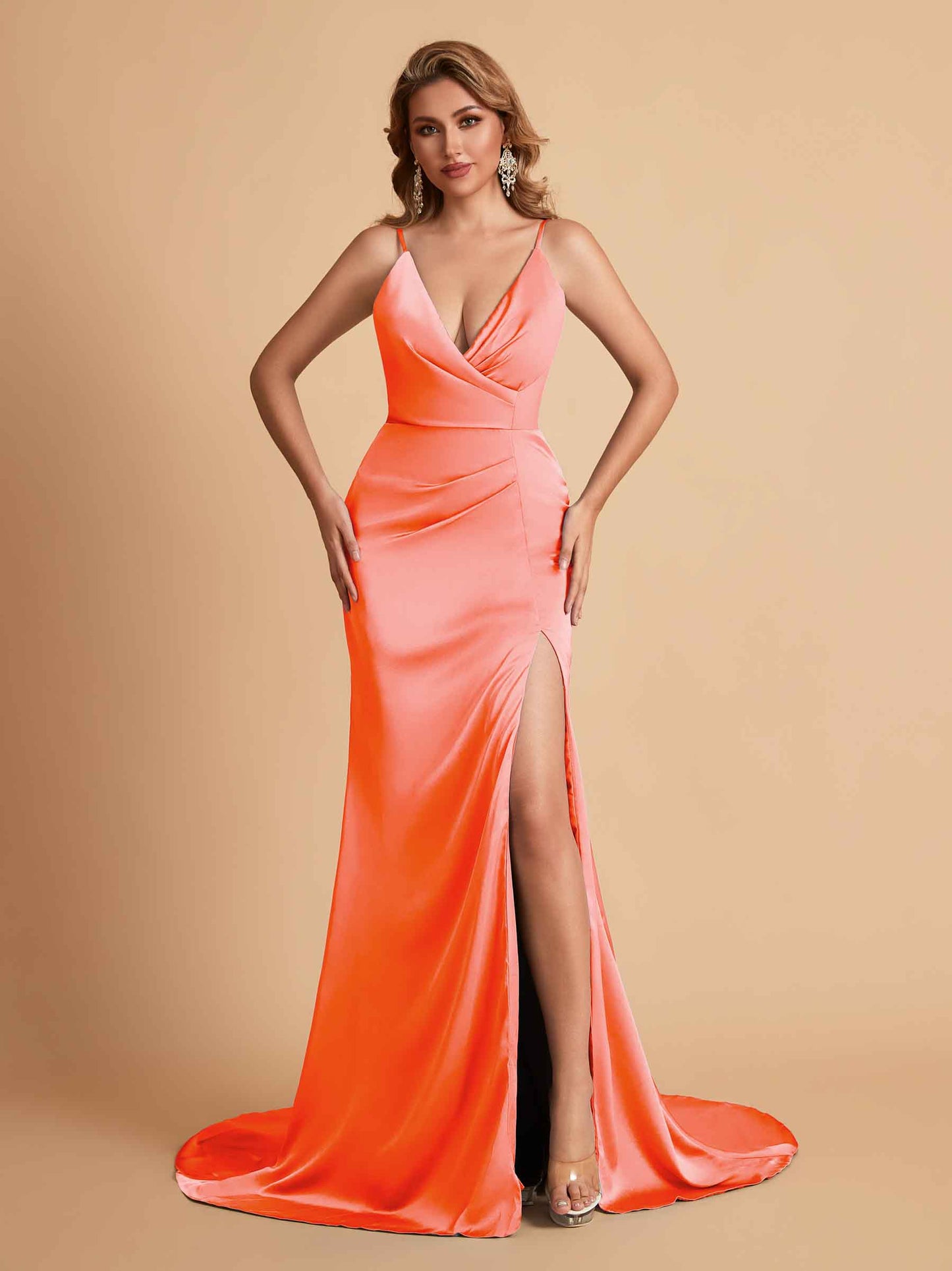 Elegant Satin Spaghetti Straps V-Neck Mermaid Side Slit Floor Length Bridesmaid Dresses