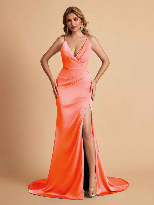 Elegant Satin Spaghetti Straps V-Neck Mermaid Side Slit Floor Length Bridesmaid Dresses