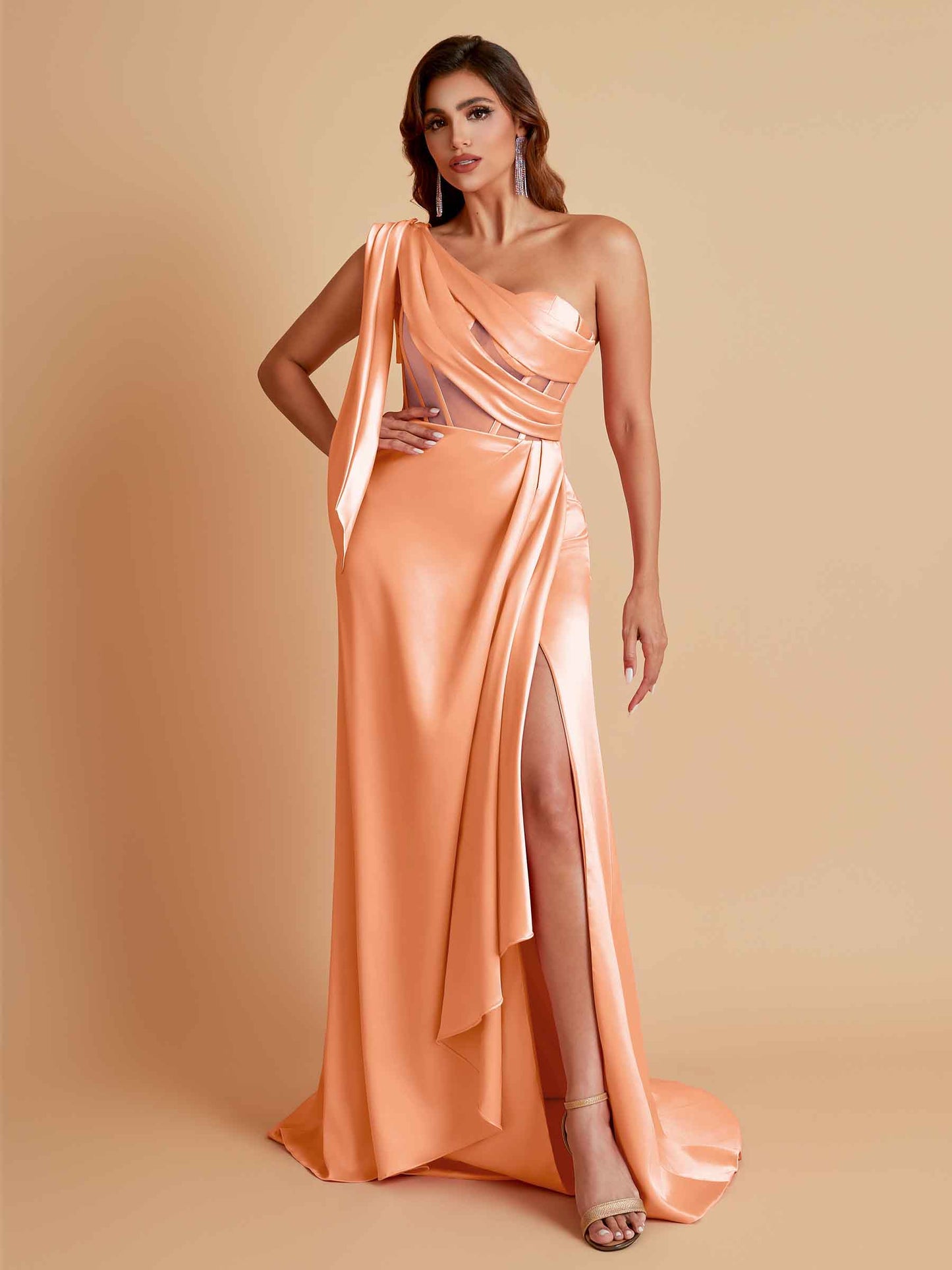 Sexy Soft Satin Mermaid One Shoulder Asymmetrical Side Slit Floor-Length Bridesmaid Dresses