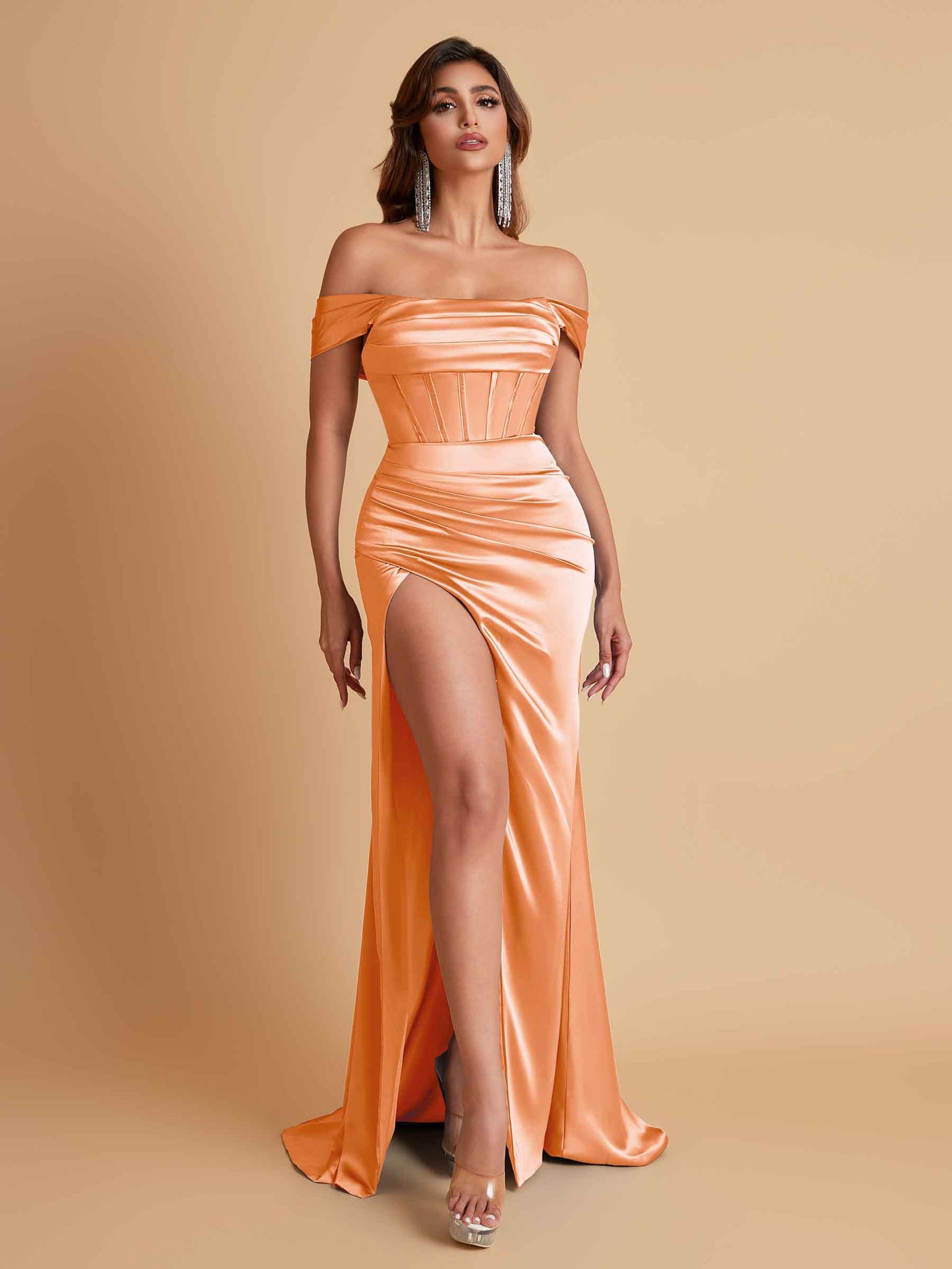 Sexy Off the Shoulder Soft Satin Side Slit Floor-Length Mermaid Bridesmaid Dresses