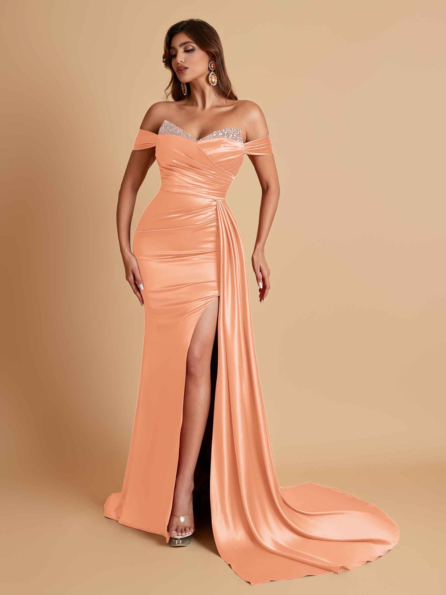 Gorgeous Soft Satin V-neck Off-the-Shoulder Side-Slit Mermaid Bridesmaid Dresses