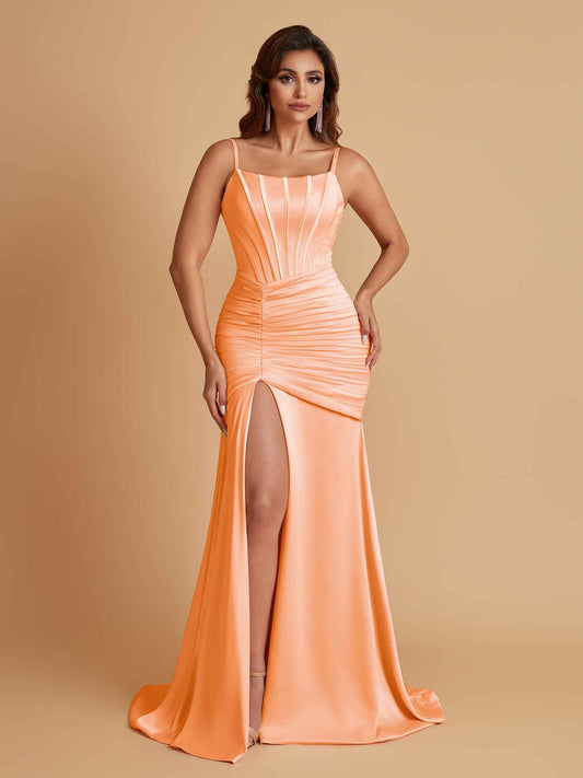 Sexy Soft Satin Mermaid Spaghetti Straps Side Slit Floor-Length Bridesmaid Dresses