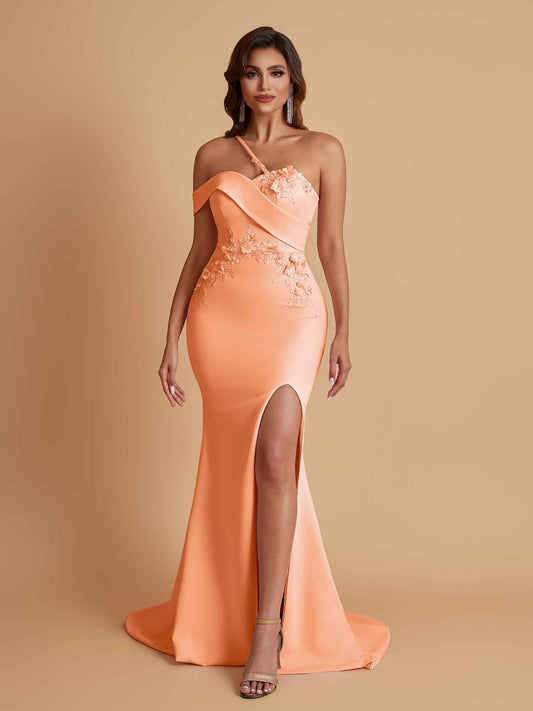 Sexy Soft Satin Mermaid One Shoulder Asymmetrical Side Slit Floor-Length Bridesmaid Dresses