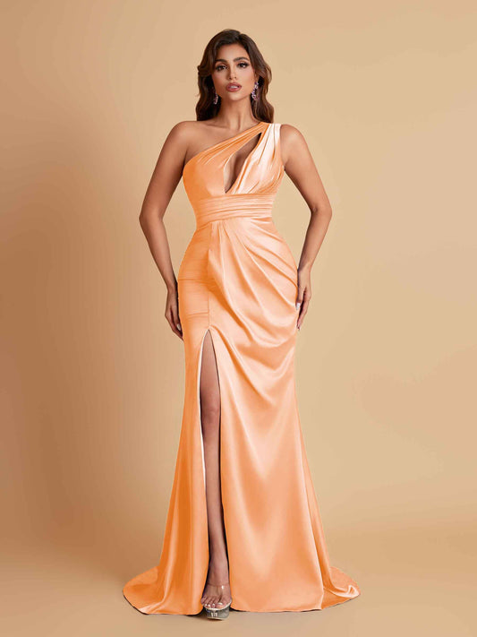 Sexy One Shoulder Soft Satin Side Slit Floor-Length Mermaid Bridesmaid Dresses