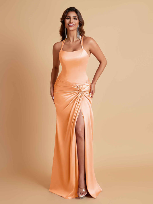 Gorgeous Square Criss Cross Soft Satin Side Slit Floor-Length Mermaid Bridesmaid Dresses