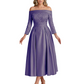 Off Shoulder Mother of the Bride Dress Tea-Length Satin Gown with Lace Applique