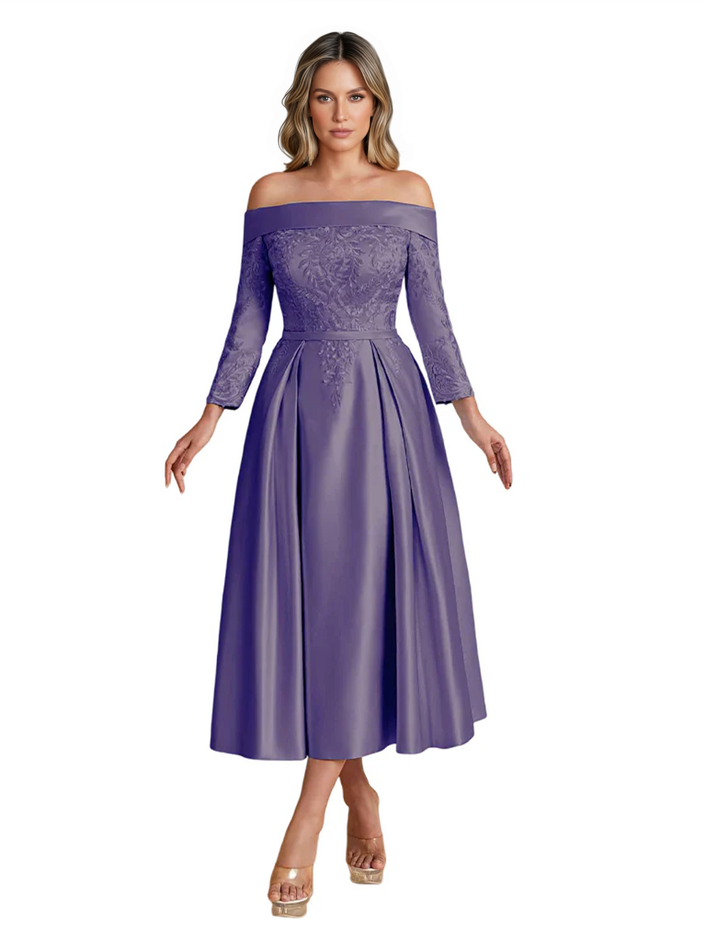 Off Shoulder Mother of the Bride Dress Tea-Length Satin Gown with Lace Applique