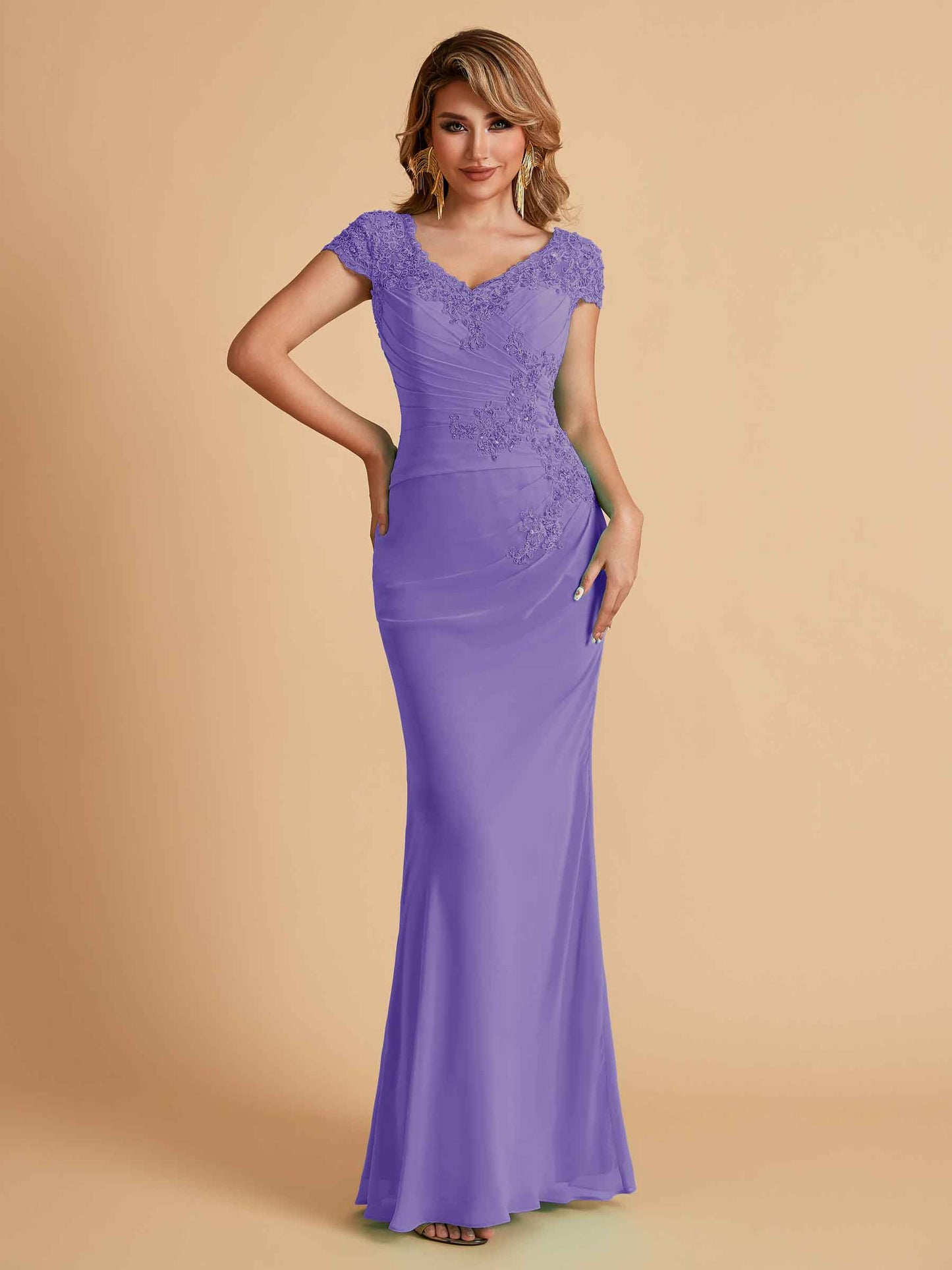Elegant Mermaid Chiffon Cap Sleeves V-Neck Mother of the Brides Dresses Online