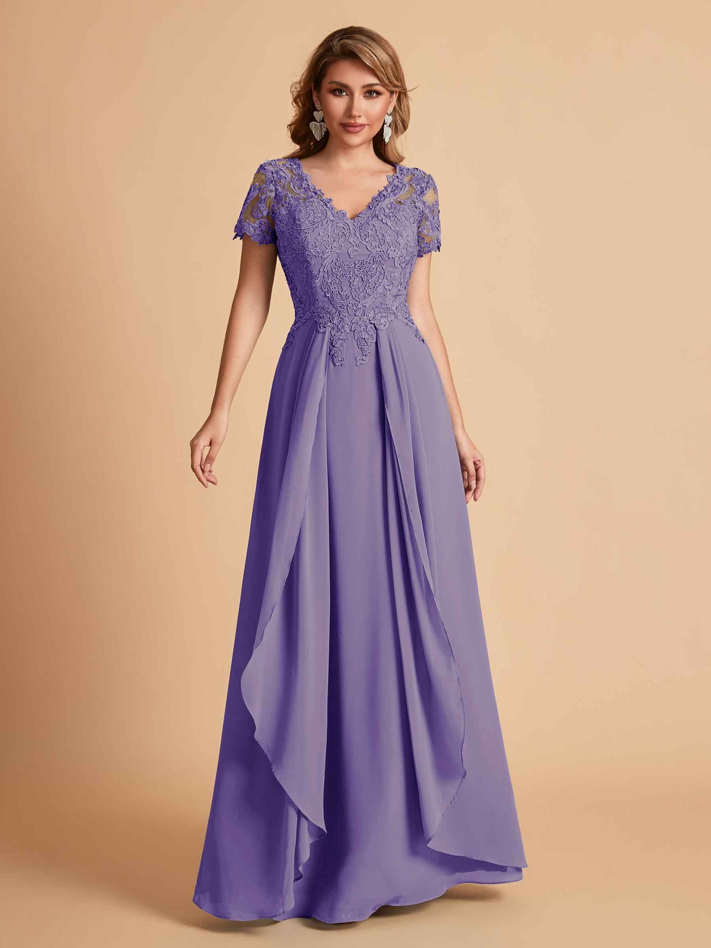 Elegant A-Line Chiffon Short Sleeves V-neck Mother of the Brides Dresses Lace Top MOB Dresses