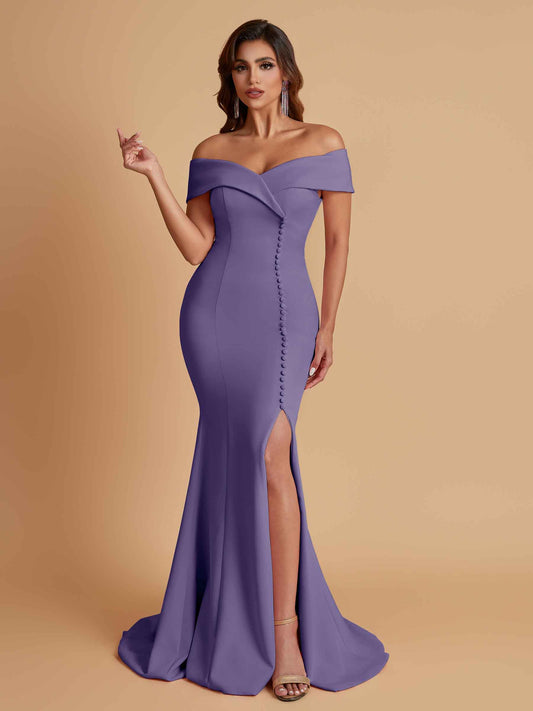 Elegant Soft Satin Mermaid Off Shoulder Side Slit Floor-Length Bridesmaid Dresses