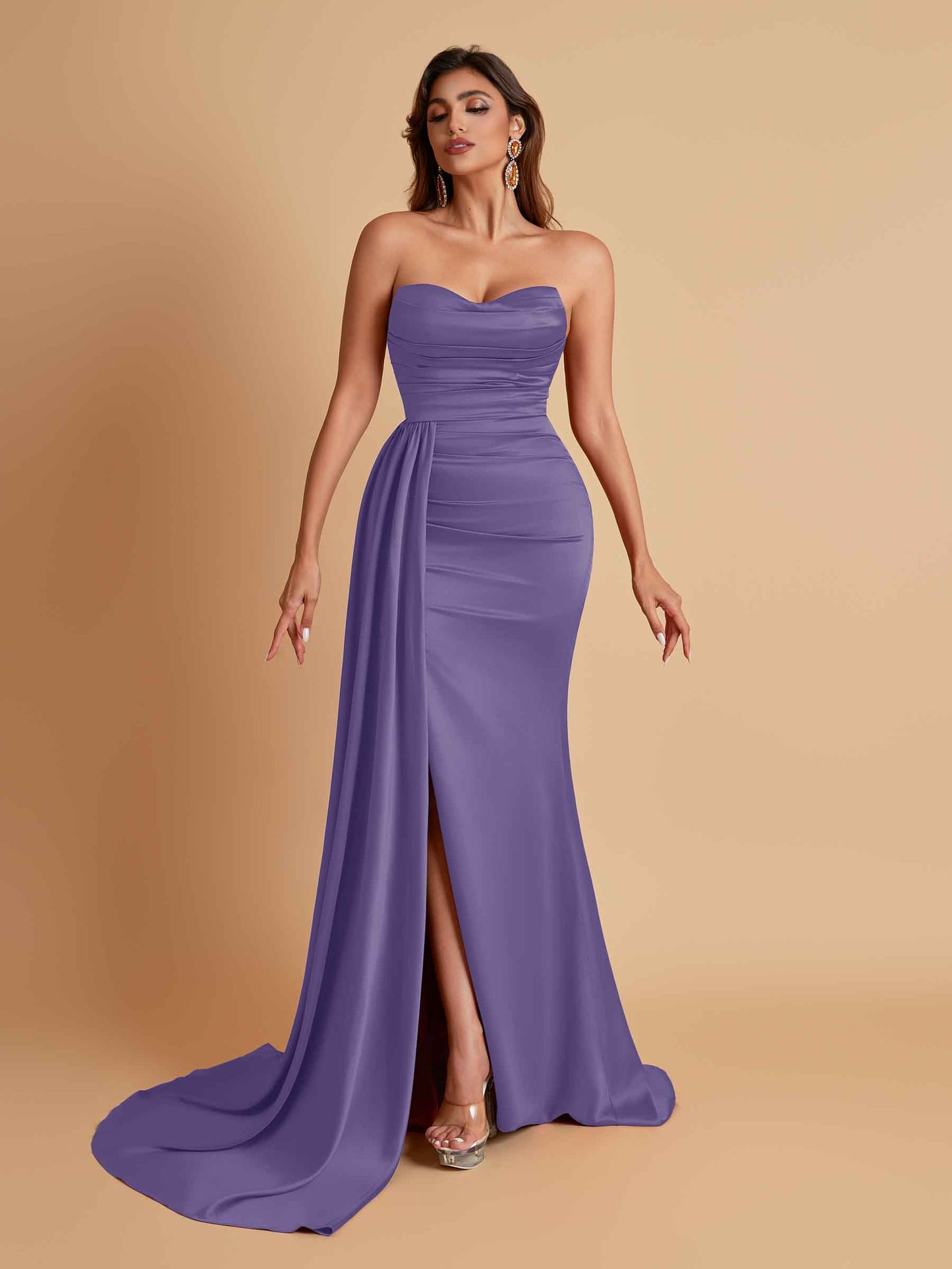 Elegant Soft Satin Sweetheart Strapless Side-Slit Mermaid Bridesmaid Dresses