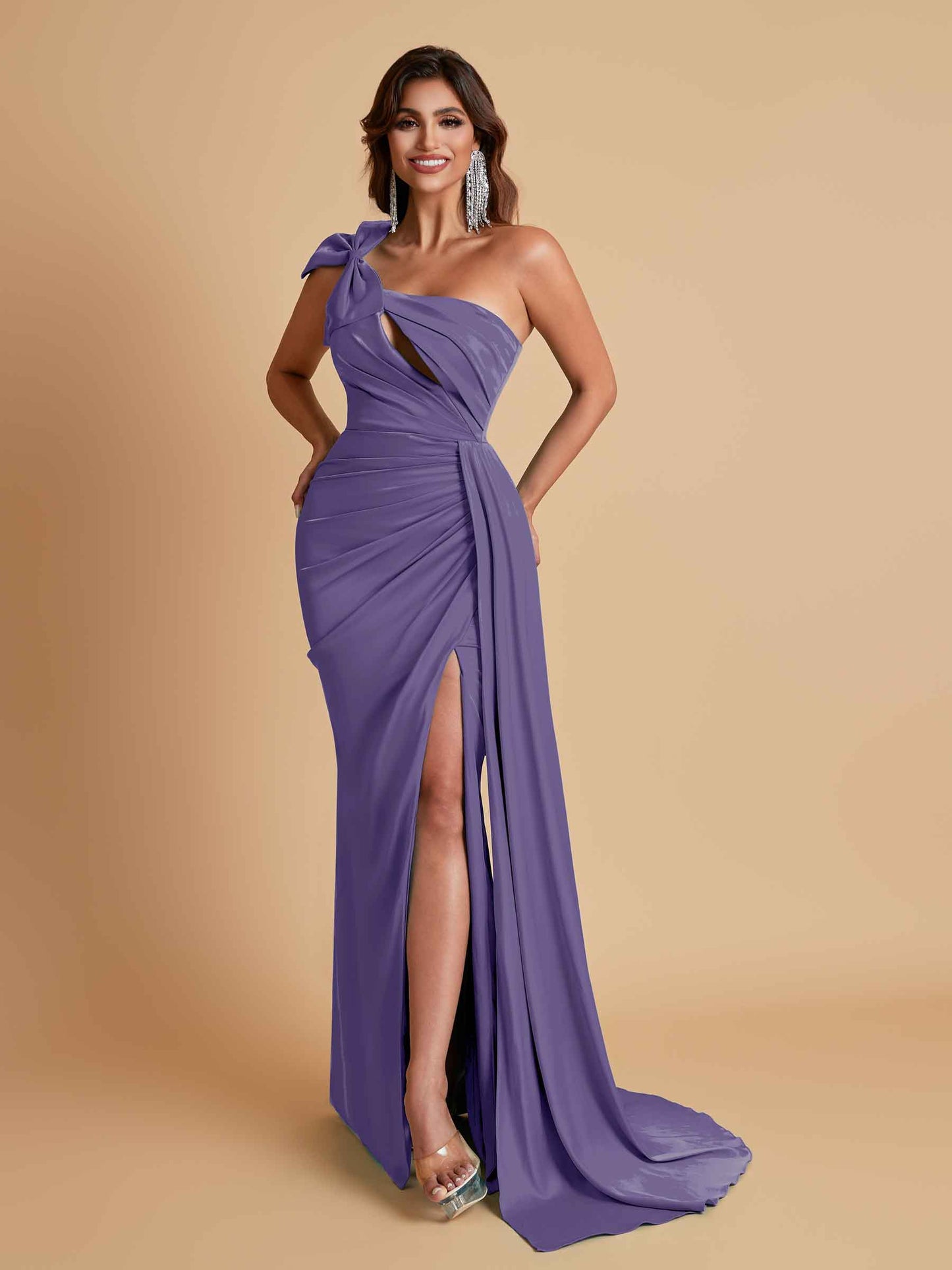 Gorgeous One Shoulder Bow Knot Soft Satin Side Slit Floor-Length Mermaid Bridesmaid Dresses