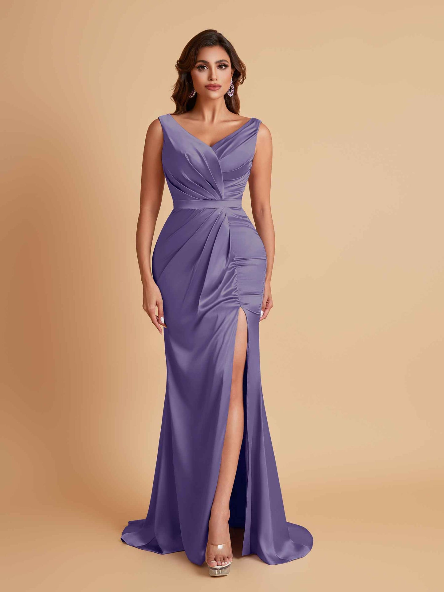 Elegant V Neck Soft Satin Side Slit Floor-Length Mermaid Bridesmaid Dresses