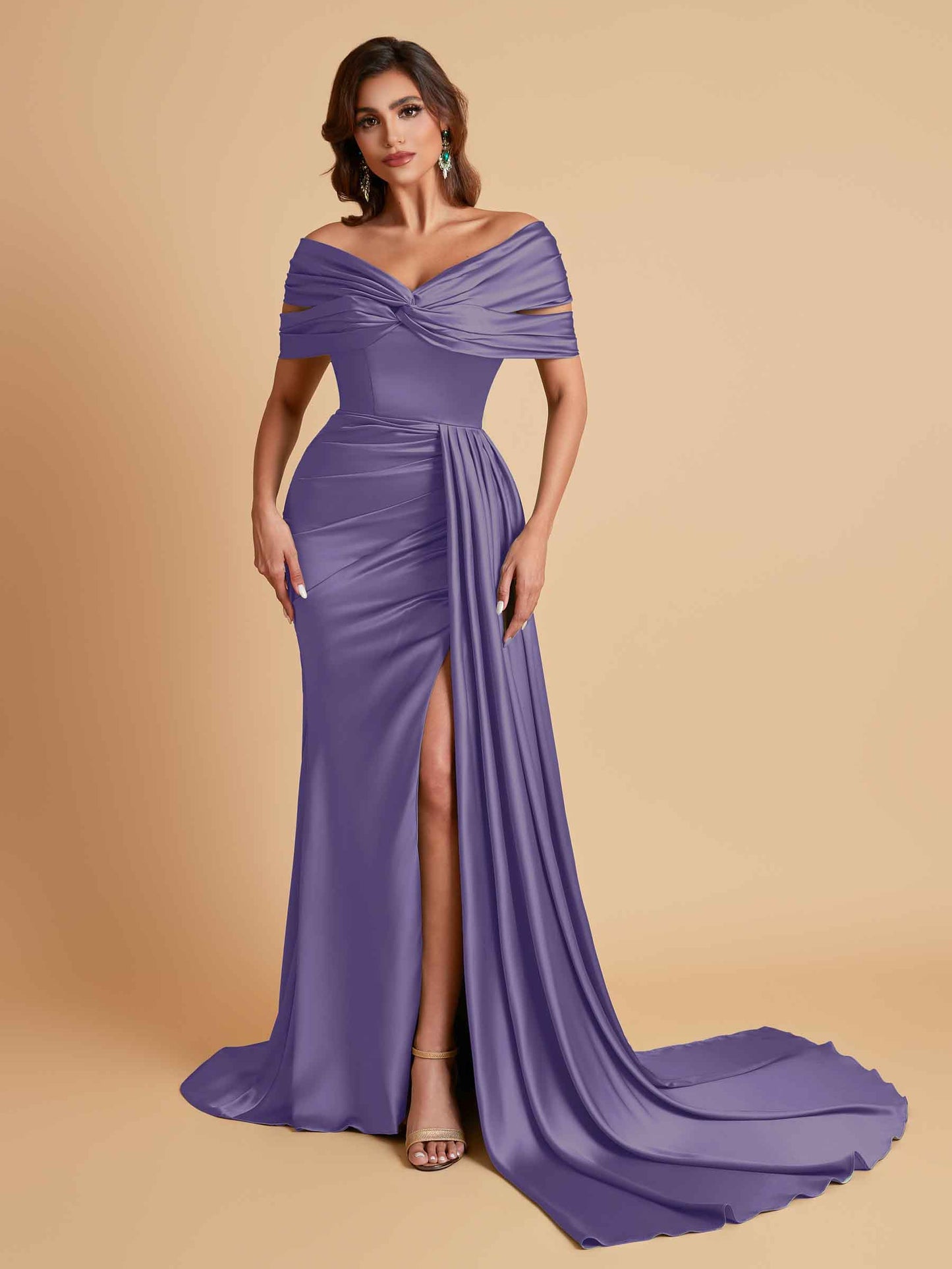 Elegant Soft Satin V-neck Off-the-Shoulder Side-Slit Mermaid Bridesmaid Dresses