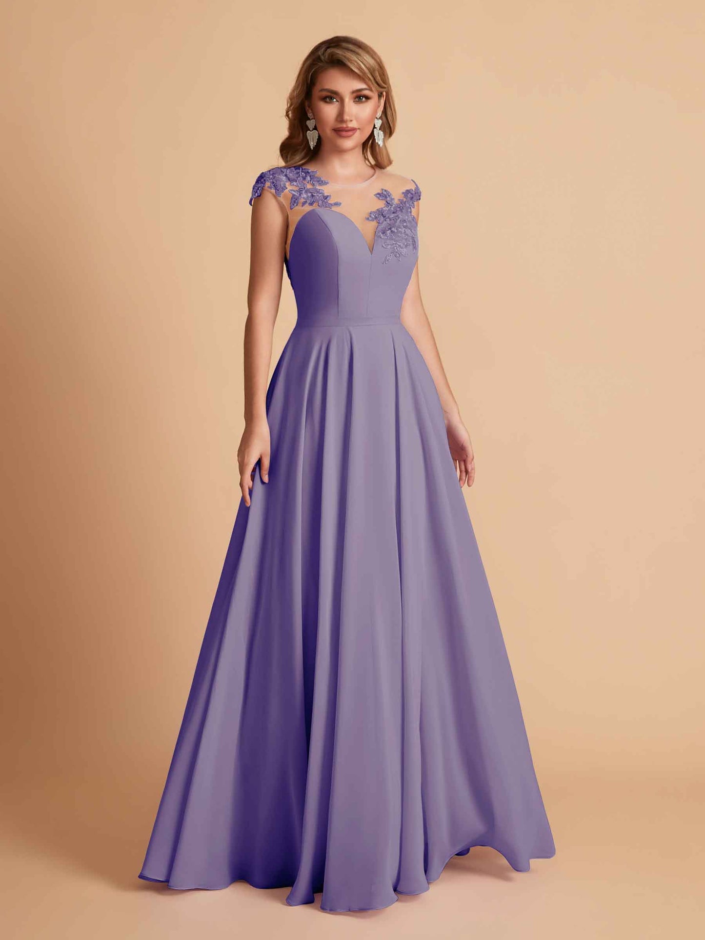 Chiffon Illusion Lace Top A-line Bridesmaid Dresses V-neck Floor Length Wedding Guest Dresses