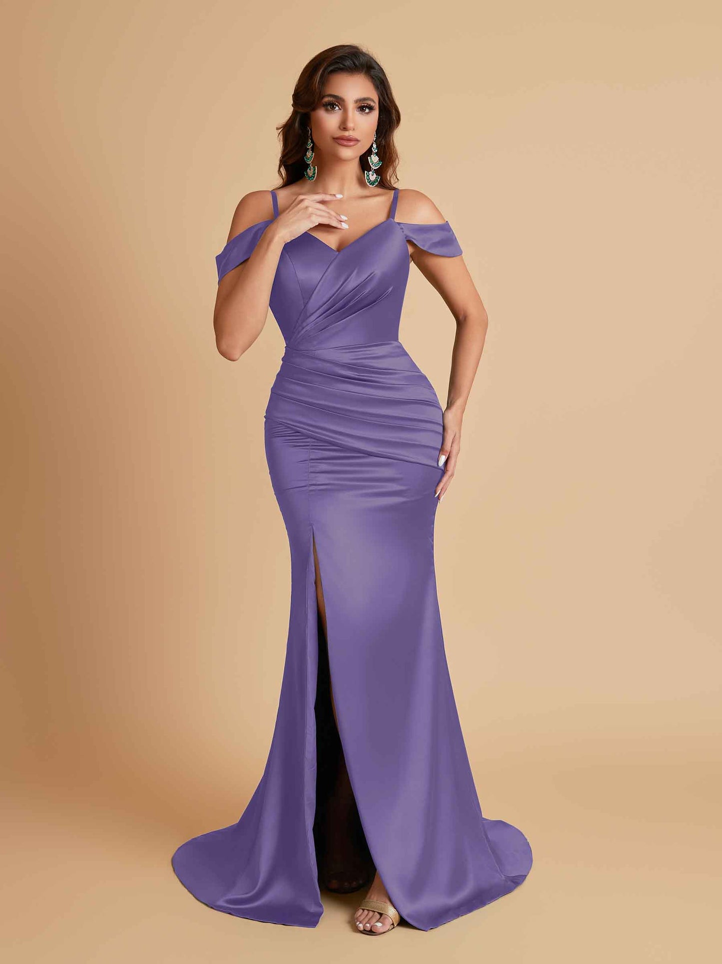 Sexy Soft Satin Mermaid Off Shoulder Side Slit Floor-Length Mermaid Bridesmaid Dresses