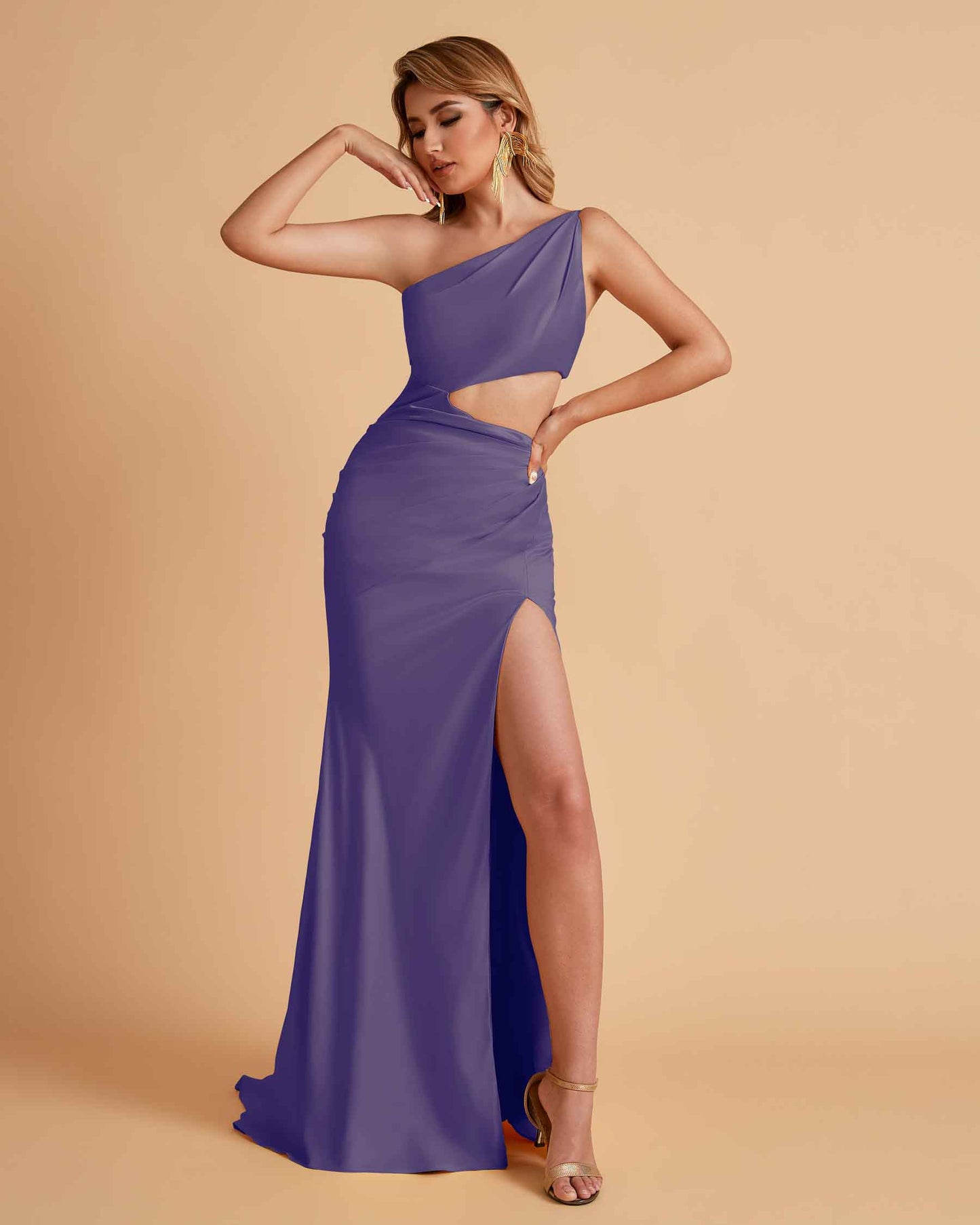 Sexy One-Shoulder Waist Cutout With High Split Floor-Length Bridesmaid Dresses