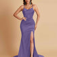 Sexy Spaghetti Straps V Neck Soft Satin Side Slit Floor-Length Mermaid Bridesmaid Dresses