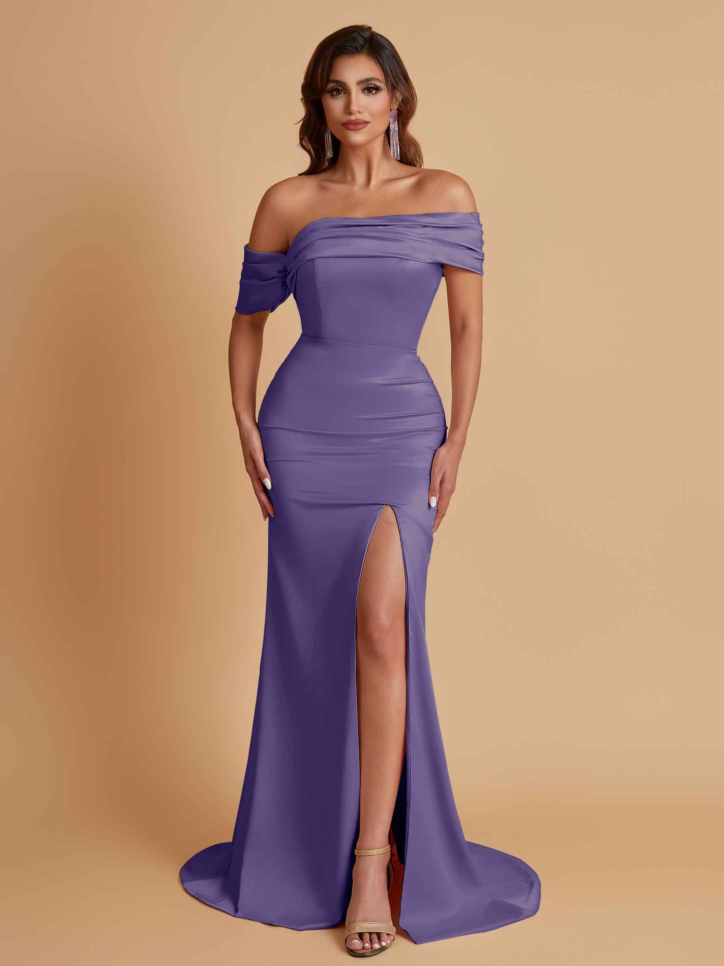 Elegant Soft Satin Mermaid Off Shoulder Asymmetrical Side Slit Floor-Length Bridesmaid Dresses