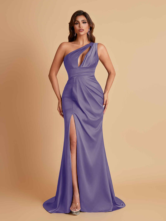 Sexy One Shoulder Soft Satin Side Slit Floor-Length Mermaid Bridesmaid Dresses
