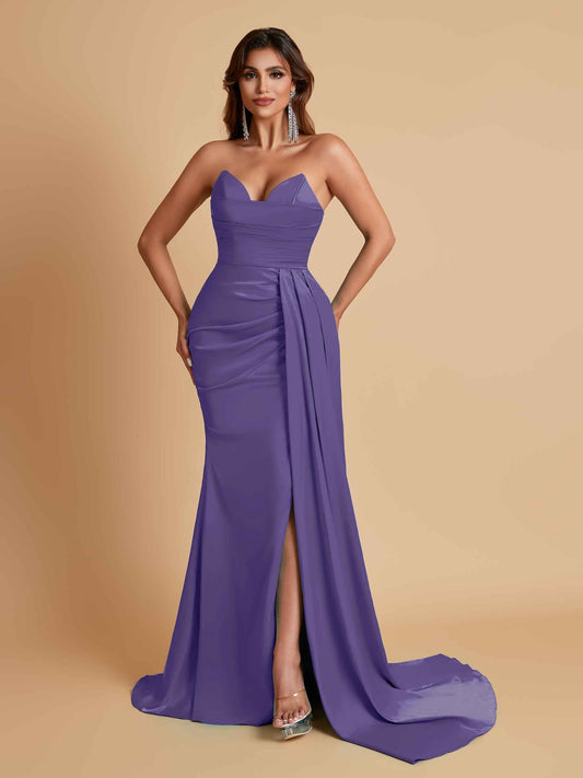 Gorgeous Strapless Soft Satin Side Slit Floor-Length Mermaid Bridesmaid Dresses