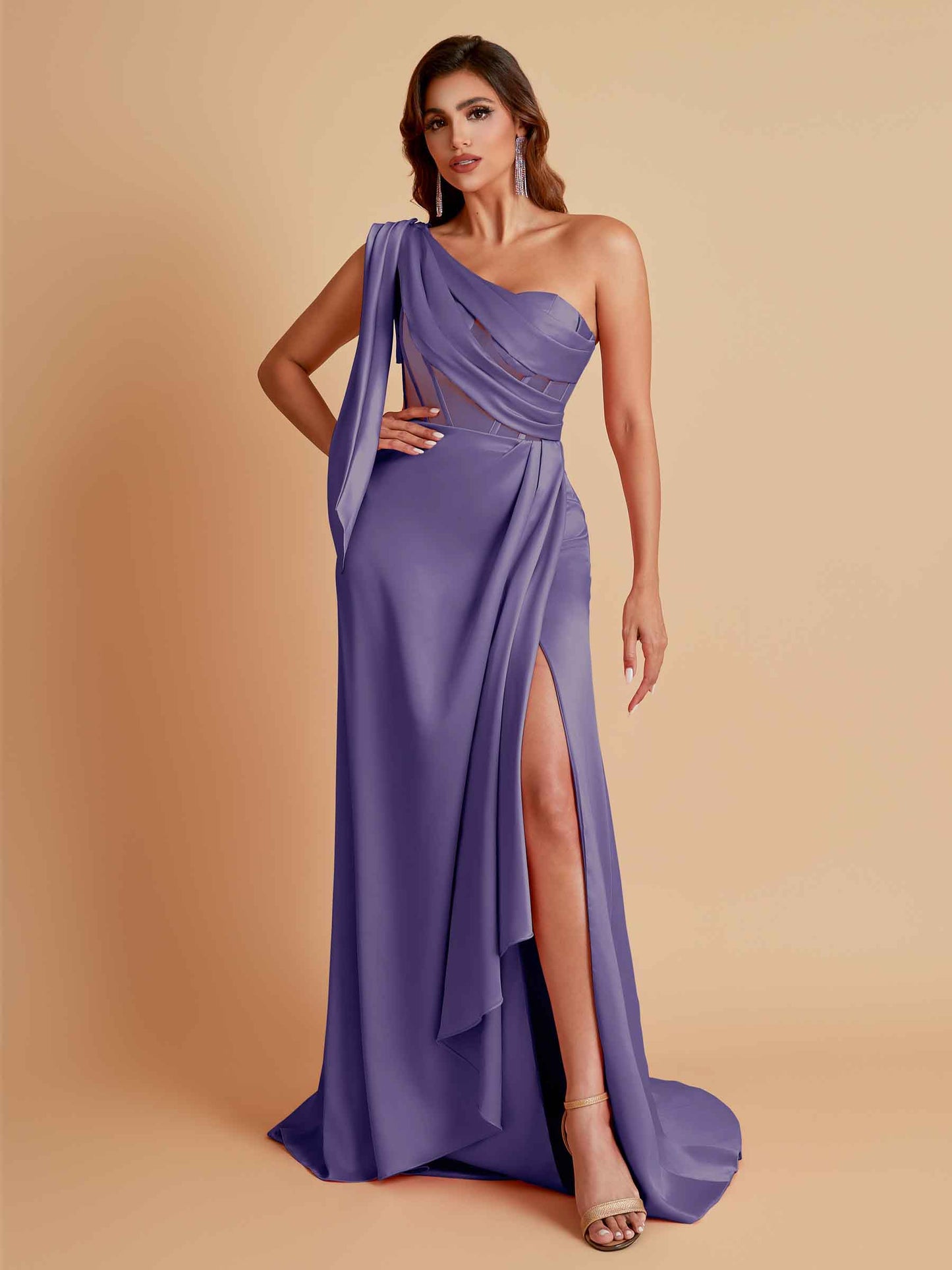 Sexy Soft Satin Mermaid One Shoulder Asymmetrical Side Slit Floor-Length Bridesmaid Dresses