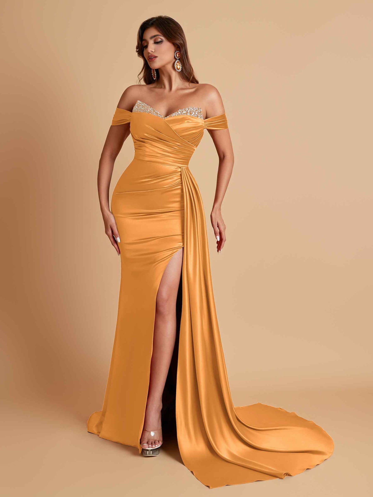 Gorgeous Soft Satin V-neck Off-the-Shoulder Side-Slit Mermaid Bridesmaid Dresses