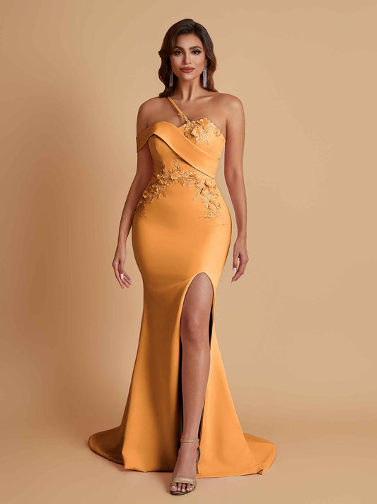 Sexy Soft Satin Mermaid One Shoulder Asymmetrical Side Slit Floor-Length Bridesmaid Dresses