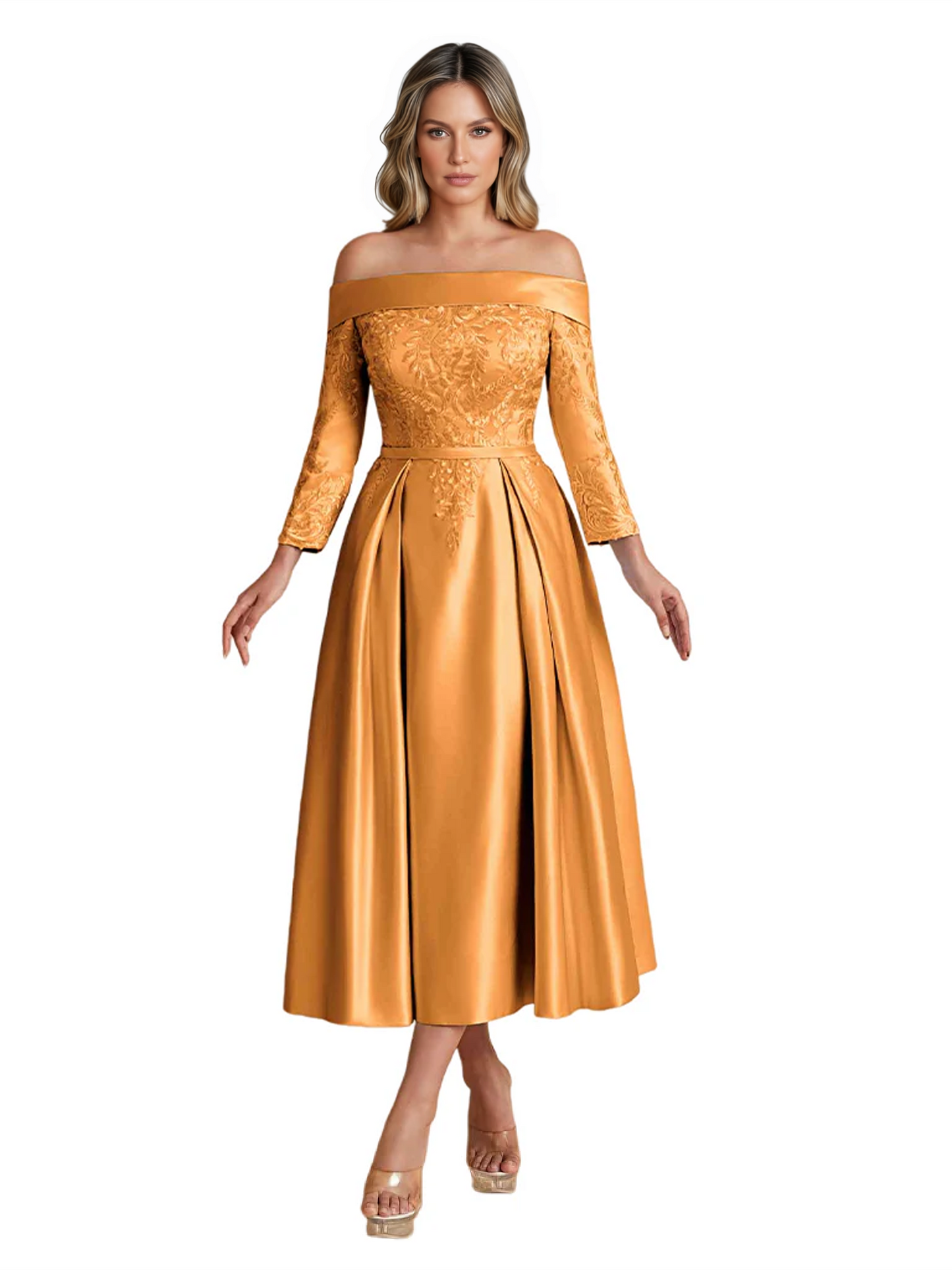 Off Shoulder Mother of the Bride Dress Tea-Length Satin Gown with Lace Applique