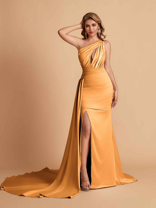 Sexy Satin Mermaid One Shoulder Side Slit Long Bridesmaid Dresses