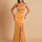 Elegant Soft Satin One Shoulder Strapless Side-Slit Mermaid Bridesmaid Dresses