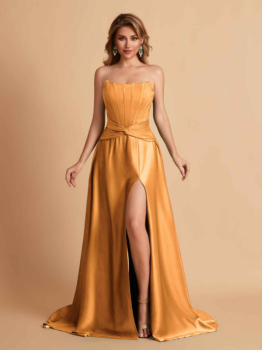Elegant Satin Sweetheart A-Line Side Slit Floor Length Bridesmaid Dresses