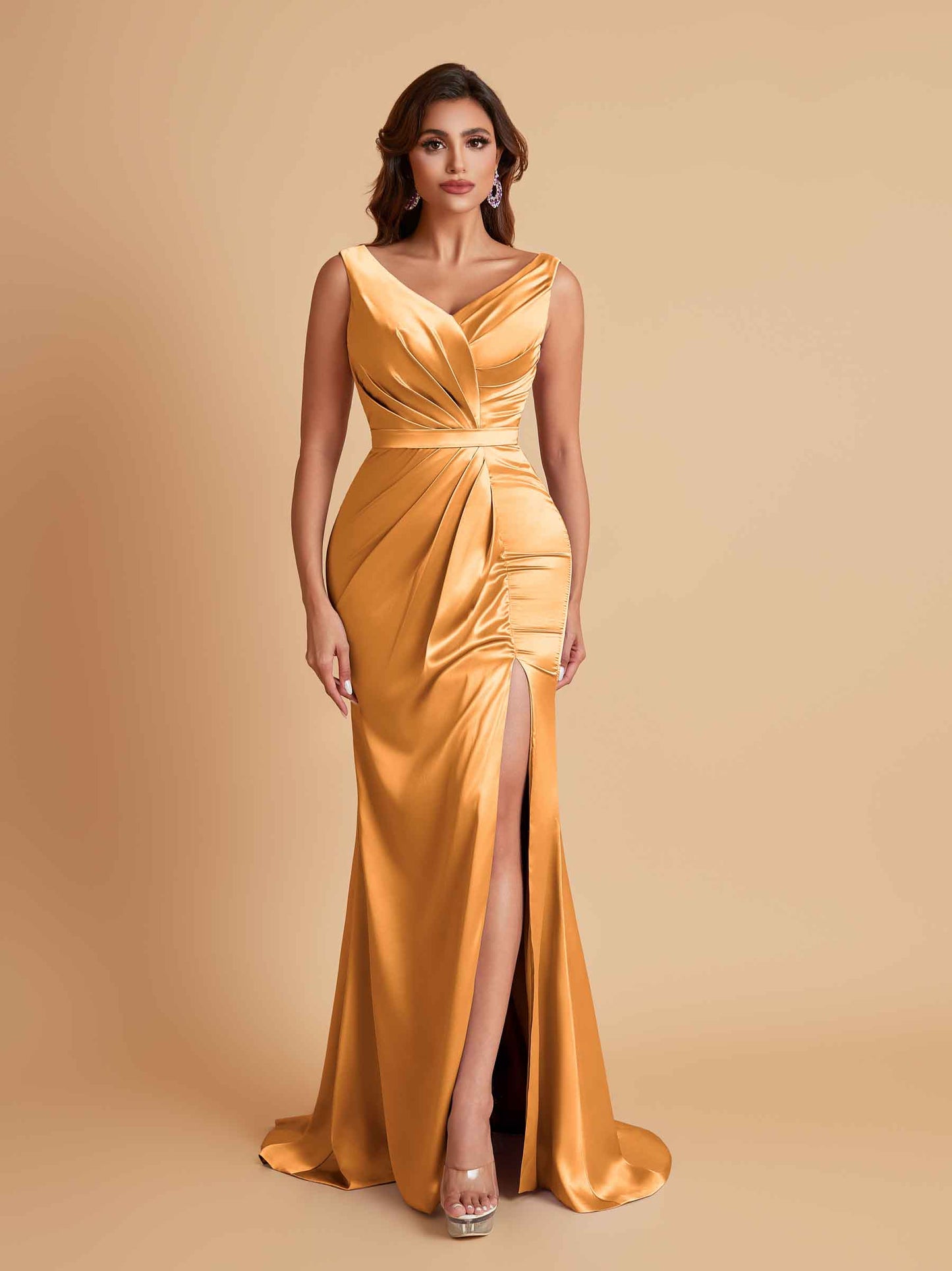 Elegant V Neck Soft Satin Side Slit Floor-Length Mermaid Bridesmaid Dresses