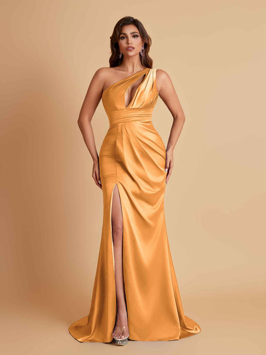 Sexy One Shoulder Soft Satin Side Slit Floor-Length Mermaid Bridesmaid Dresses