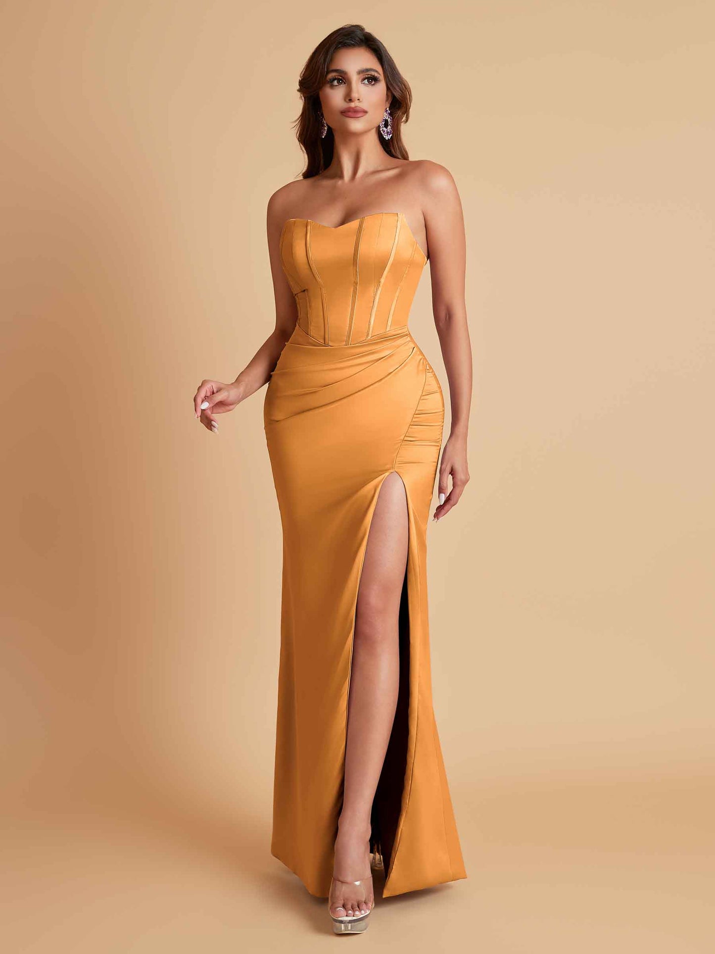 Sexy Strapless Soft Satin Side Slit Floor-Length Mermaid Bridesmaid Dresses