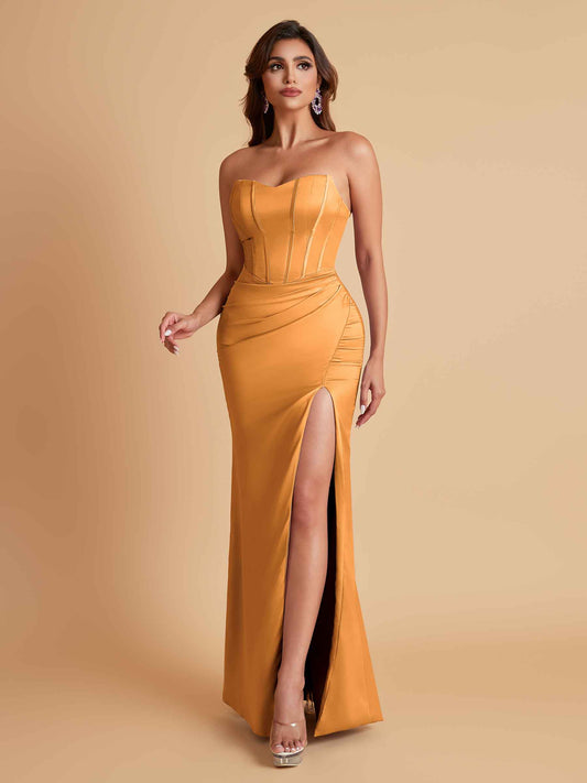 Sexy Strapless Soft Satin Side Slit Floor-Length Mermaid Bridesmaid Dresses