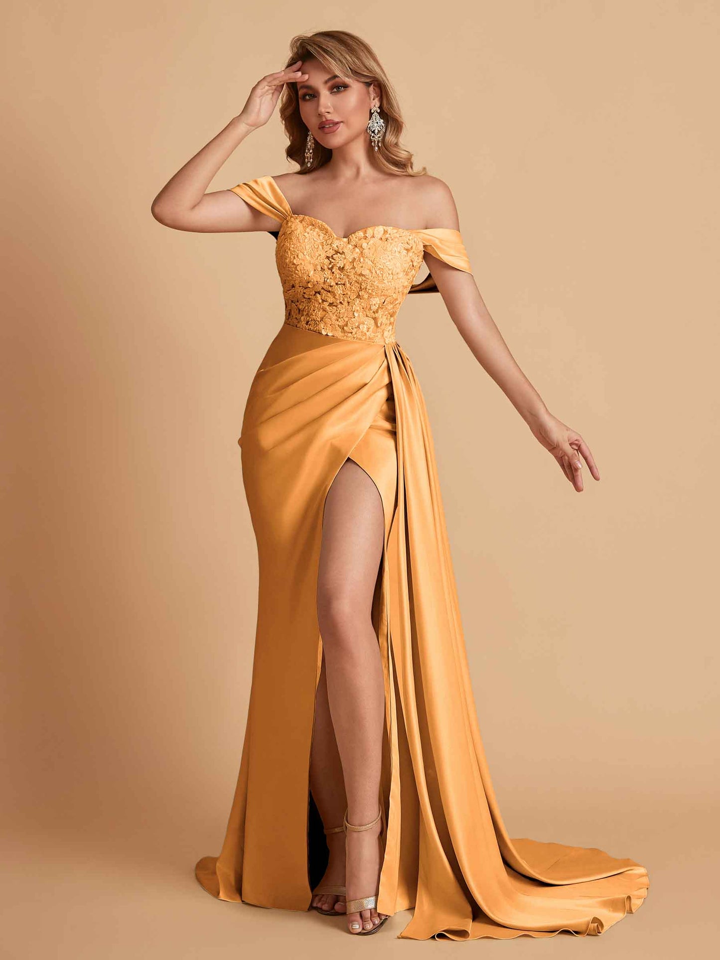 Sexy Satin Mermaid Off Shoulder Lace Side Slit Long Bridesmaid Dresses Online