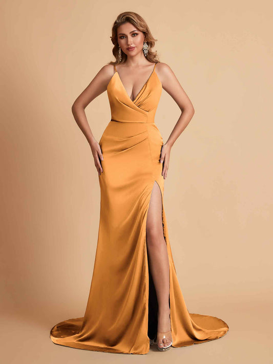 Elegant Satin Spaghetti Straps V-Neck Mermaid Side Slit Floor Length Bridesmaid Dresses