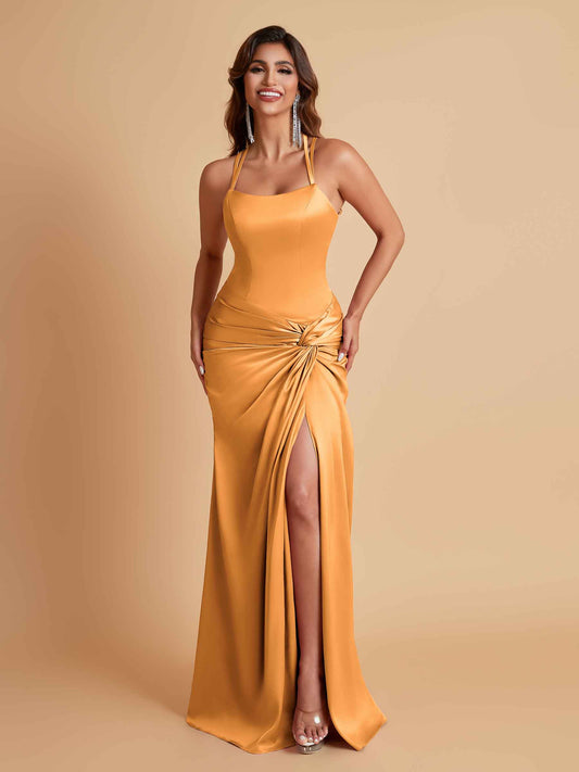 Gorgeous Square Criss Cross Soft Satin Side Slit Floor-Length Mermaid Bridesmaid Dresses