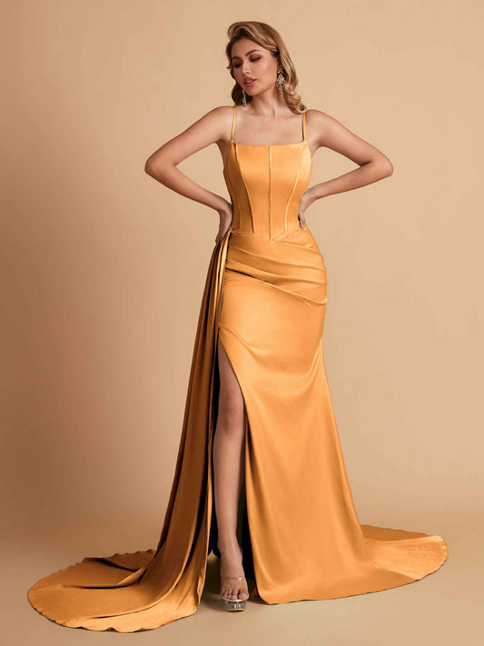 Elegant Satin Spaghetti Straps Mermaid Side Slit Floor Length Bridesmaid Dresses