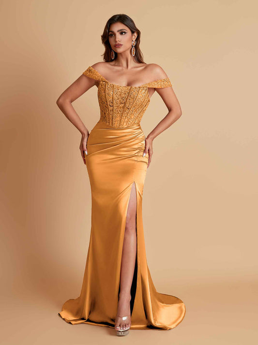 Sexy Soft Satin V-neck Off-the-shoulder Strapless Side-Slit Mermaid Bridesmaid Dresses