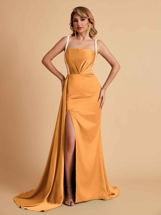 Sexy Satin Mermaid With Train Bridesmaid Dresses Pleats Side-Slit Floor-Length Wedding Guest Dresses