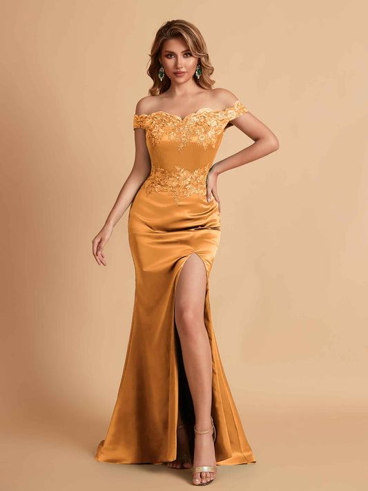 Elegant Satin Off Shoulder Mermaid Side Slit Floor Length Bridesmaid Dresses