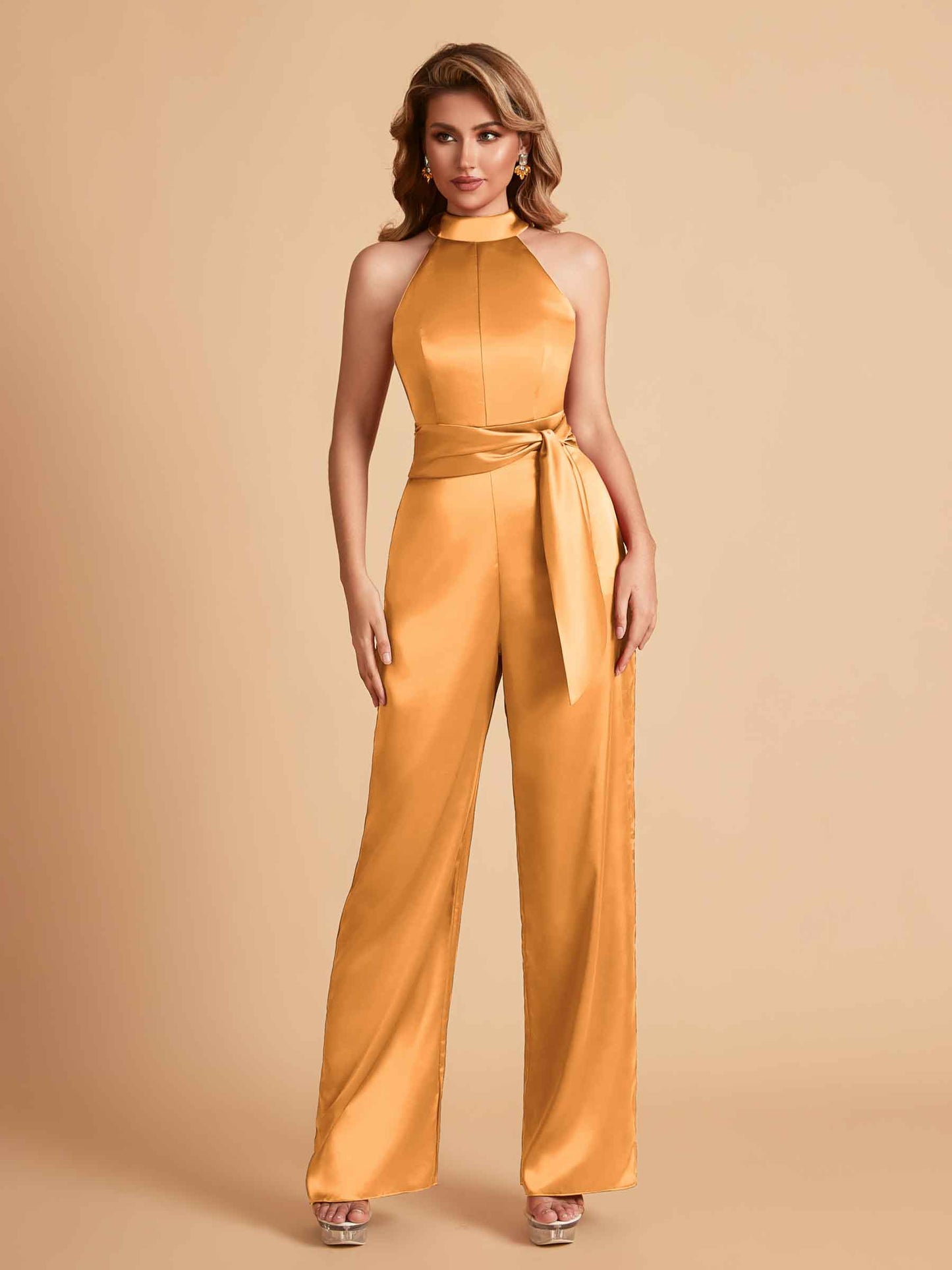 Elegant Satin Halter Sleeveless Satin Floor Length Bridesmaid Jumpsuit