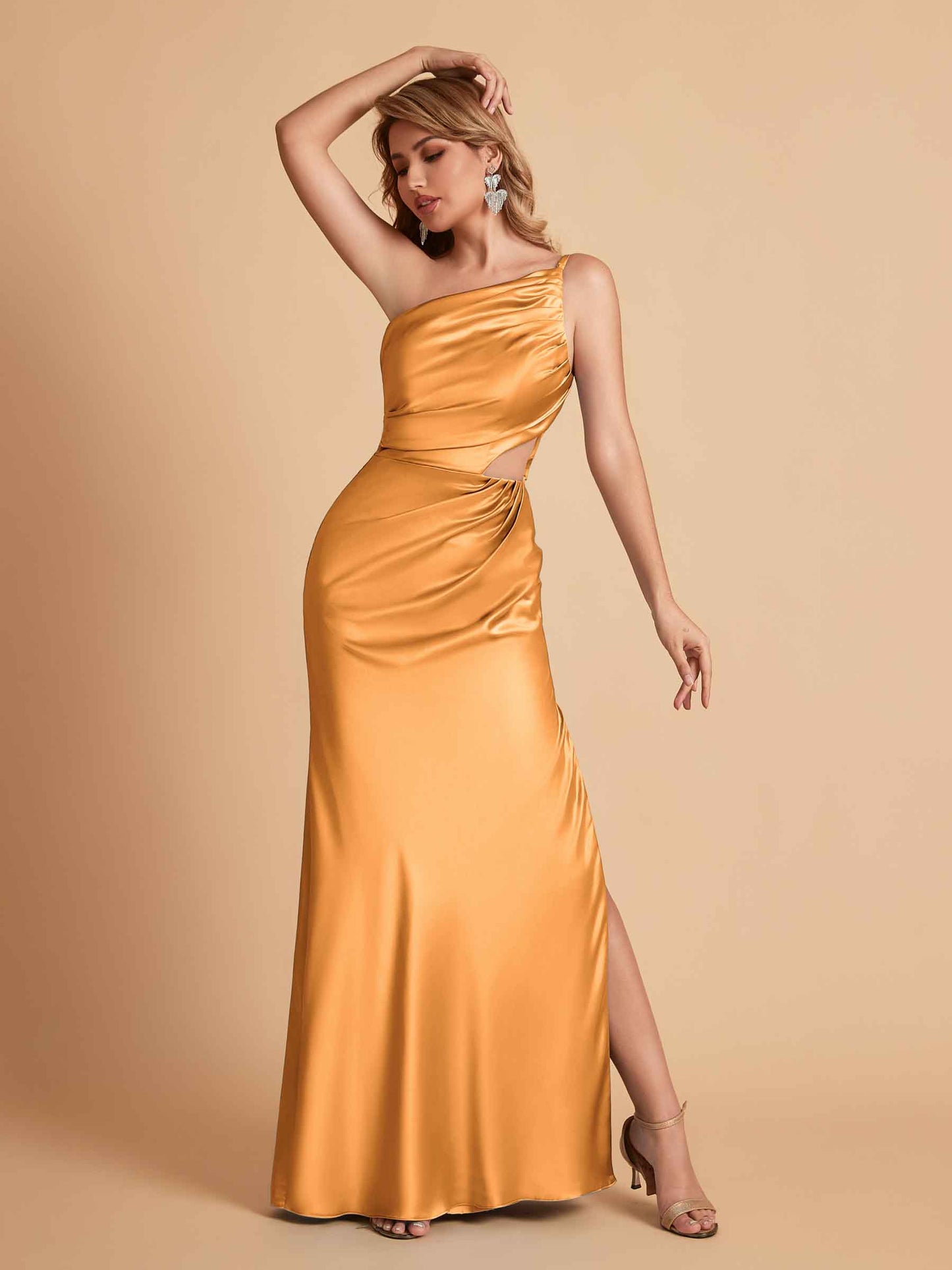 Elegant Satin One Shoulder Side Slit Mermaid Floor Length Bridesmaid Dresses