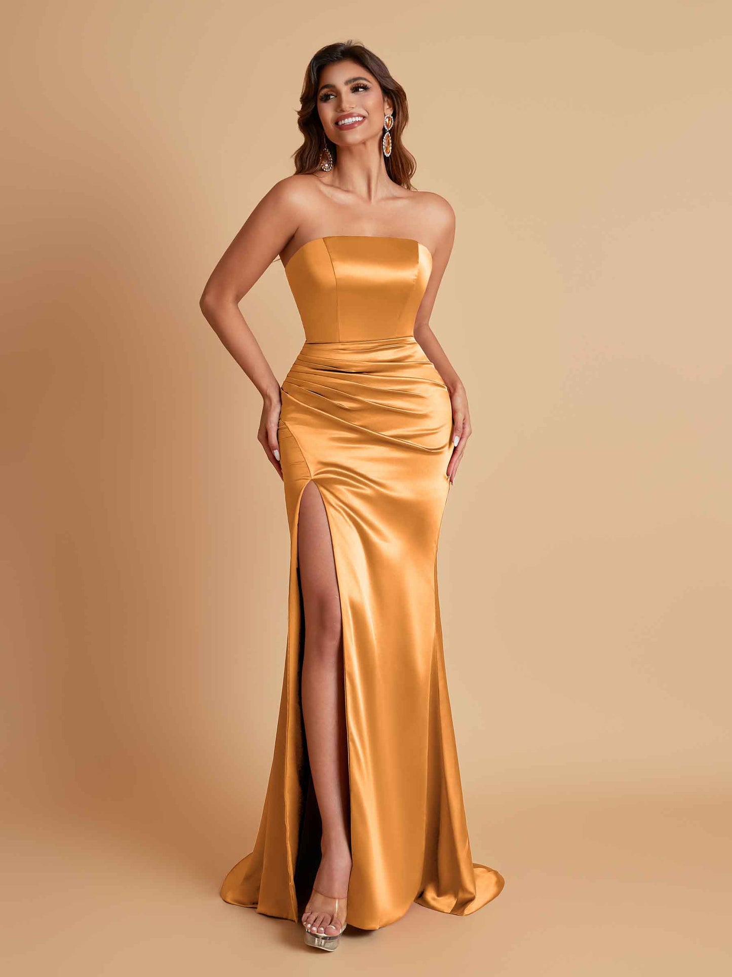 Elegant Soft Satin Strapless Split Side Mermaid Bridesmaid Dresses
