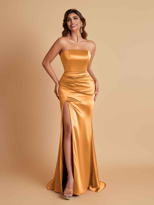 Elegant Soft Satin Strapless Split Side Mermaid Bridesmaid Dresses