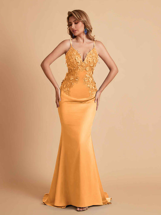 Sexy Satin Spaghetti Straps V-neck Mermaid Floor Length Applique Bridesmaid Dresses